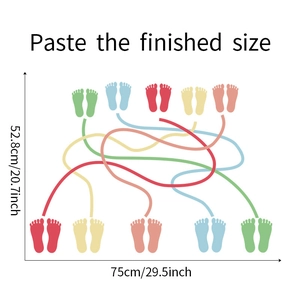 Detail showing colorful footprint maze wall sticker with path lines for kids education