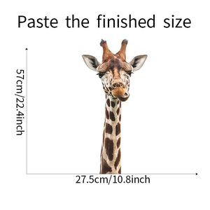 Close-up of cute cartoon giraffe wall sticker showing finished height and width dimensions