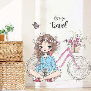 Cartoon Mädchen Fahrrad Reise Wandaufkleber PVC Dekoratives Wandtattoo Für Schlafzimmer Wohnzimmer Zuhause DIY Kunst Wandbild