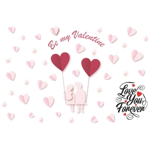 Valentine's Day couple silhouette wall stickers with pink paper-cut hearts and romantic text