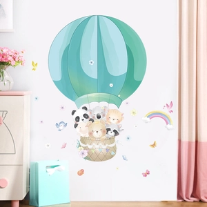 Cartoon panda hot air balloon wall sticker set with rainbow for kids bedroom decor