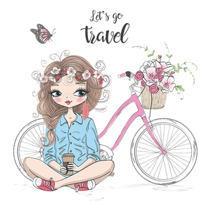 Wandtattoo künstlerisches Mädchen mit rosa Fahrrad und Blumen für Schlafzimmer Dekoration