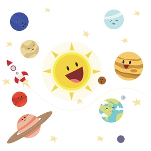 Cartoon solar system wall decals with sun planets and rocket for kids bedroom decor
