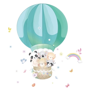Cartoon panda and koala in a mint green hot air balloon wall sticker with rainbow decor