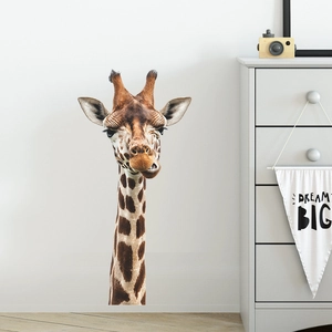 Realistic giraffe head wall sticker for nursery decor in a minimalist Nordic style
