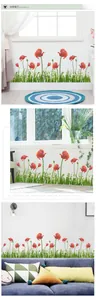 Detail view of red poppy wall stickers with green grass in various home decor scenarios