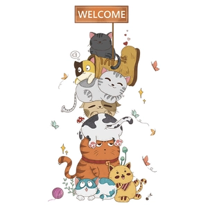 Detail of cartoon stackable cats wall sticker with welcome sign and colorful butterflies