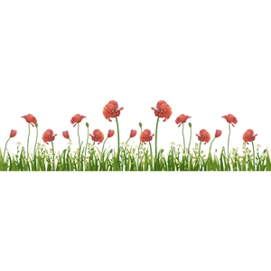 Detail of creative red poppy and daisy wall sticker border with lush green grass
