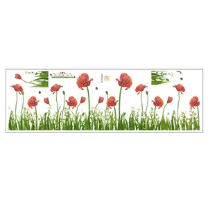 Detailed pattern of poppy flowers and green grass wall stickers for home decor