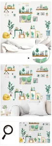 Detail showing high resolution hand-painted green plant wall stickers and cat illustrations