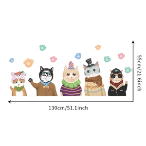 Detailed dimensions of cartoon cat wall decals featuring 130cm width and 55cm height