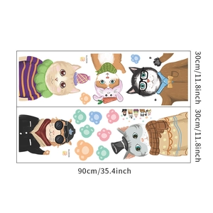 Detailed flat lay of cartoon cat wall stickers set with paw prints and accessories