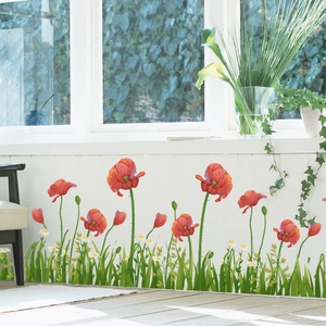 Red Poppy Flower Grass Wall Sticker PVC Removable Pastoral Daisy Skirting Line Wall Decals For Living Room Bedroom Home Decor