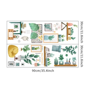 Detail view of cat and succulent wall stickers layout with green potted plants for decor