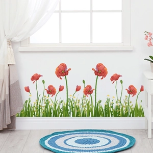 Vibrant red poppy flower wall stickers with green grass for living room home decor