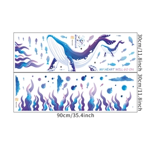 Détails de mise en page des stickers muraux baleine bleue et algues avec dimensions