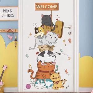 Cartoon cats wall sticker with welcome sign for kids room door decoration