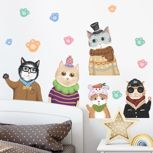 Hand-Drawn Cartoon Cats Wearing Clothes Wall Stickers PVC Animal Paw Prints Decals For Kids Room Nursery Bedroom Home Decor