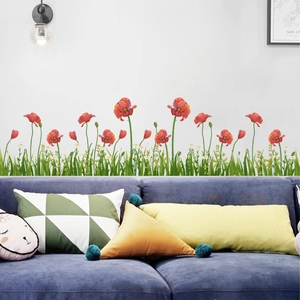 Creative red poppy flower wall decals with green grass for living room sofa background decor