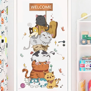 Nordic cartoon stacking cats wall sticker with welcome sign for kids room decor