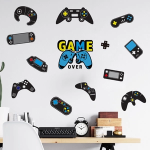 Cartoon game theme wall decals set featuring gamepads and hand-held consoles