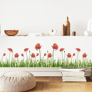 Poppy flower wall stickers for living room decor with red blooms and green grass