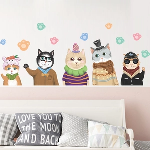 Hand-painted cartoon cat and paw print wall stickers for children bedroom decoration