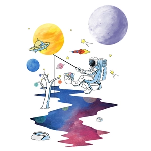 Detail of cartoon astronaut fishing in colorful nebula with planets wall sticker