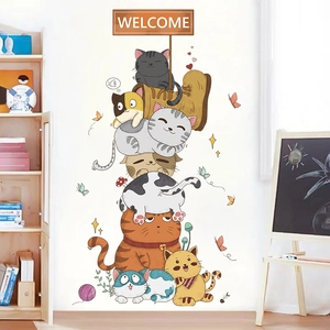 Cartoon stacked cats wall decal with welcome sign for kids room wall decor