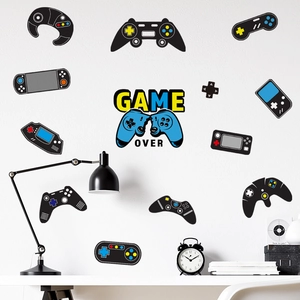 Cartoon gaming wall stickers featuring controllers and GAME OVER text for bedroom decor