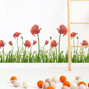 Poppy flower wall sticker with green grass and daisies for living room home decor