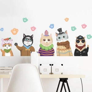 Hand-painted cartoon cat wall stickers with paw prints for kids room and nursery decor