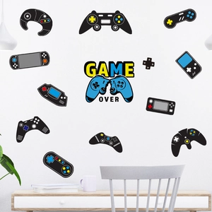 Cartoon game controller wall stickers set with blue and yellow Game Over logo design