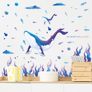 Stickers muraux baleine bleue et plantes marines pour décoration chambre enfant