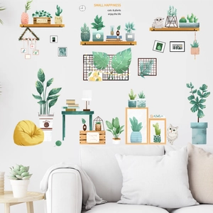 Fresh potted plants and cats wall stickers set for minimalist living room home decor