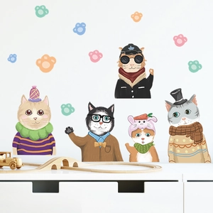Cartoon cat wall stickers set featuring hand-drawn kittens and paw prints for nursery decor