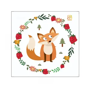 Detail of cartoon fox wall sticker with strawberry floral wreath for kids nursery