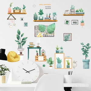 Green potted plants and cats wall decals for modern home living room wall decoration