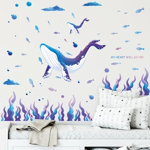 Stickers muraux baleine bleue et herbes marines pour décoration de chambre enfant