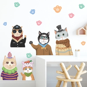 Cartoon hand-drawn cat and paw print wall stickers for children room decor