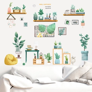 Fresh potted cactus and green plant wall stickers with wooden shelf for home wall decor