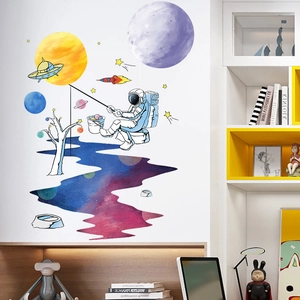 Cartoon astronaut and colorful planets wall stickers for kids bedroom creative decor