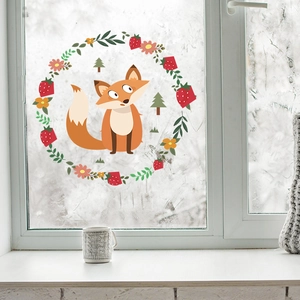 Cartoon fox wall decal with forest elements on frosted glass for nursery decoration