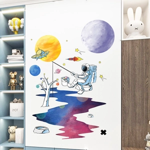 Cartoon astronaut fishing on a planet wall sticker for kids bedroom decor
