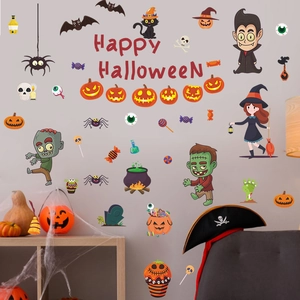 Cartoon Halloween wall decals with pumpkins and vampires for festive window decoration