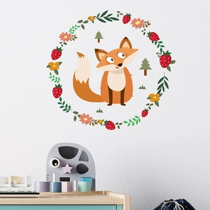 Cartoon fox wall decal with strawberry daisy wreath for kids room nursery decor