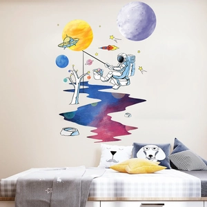 Cartoon astronaut fishing stars wall stickers for kids bedroom space theme decor