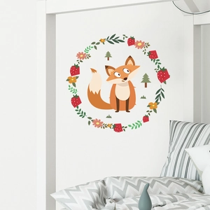 Cartoon fox wall sticker with floral wreath decoration for nursery and kids' bedroom