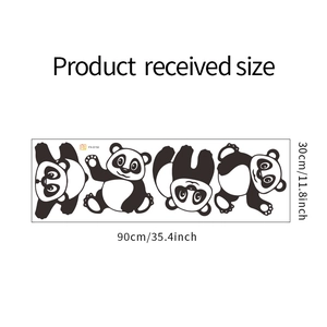 Flat lay of self-adhesive panda wall decals showing four cute poses in 30x90cm sheet size
