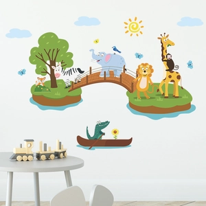 Cartoon animal wall decal set with lion and giraffe for creative nursery wall decoration